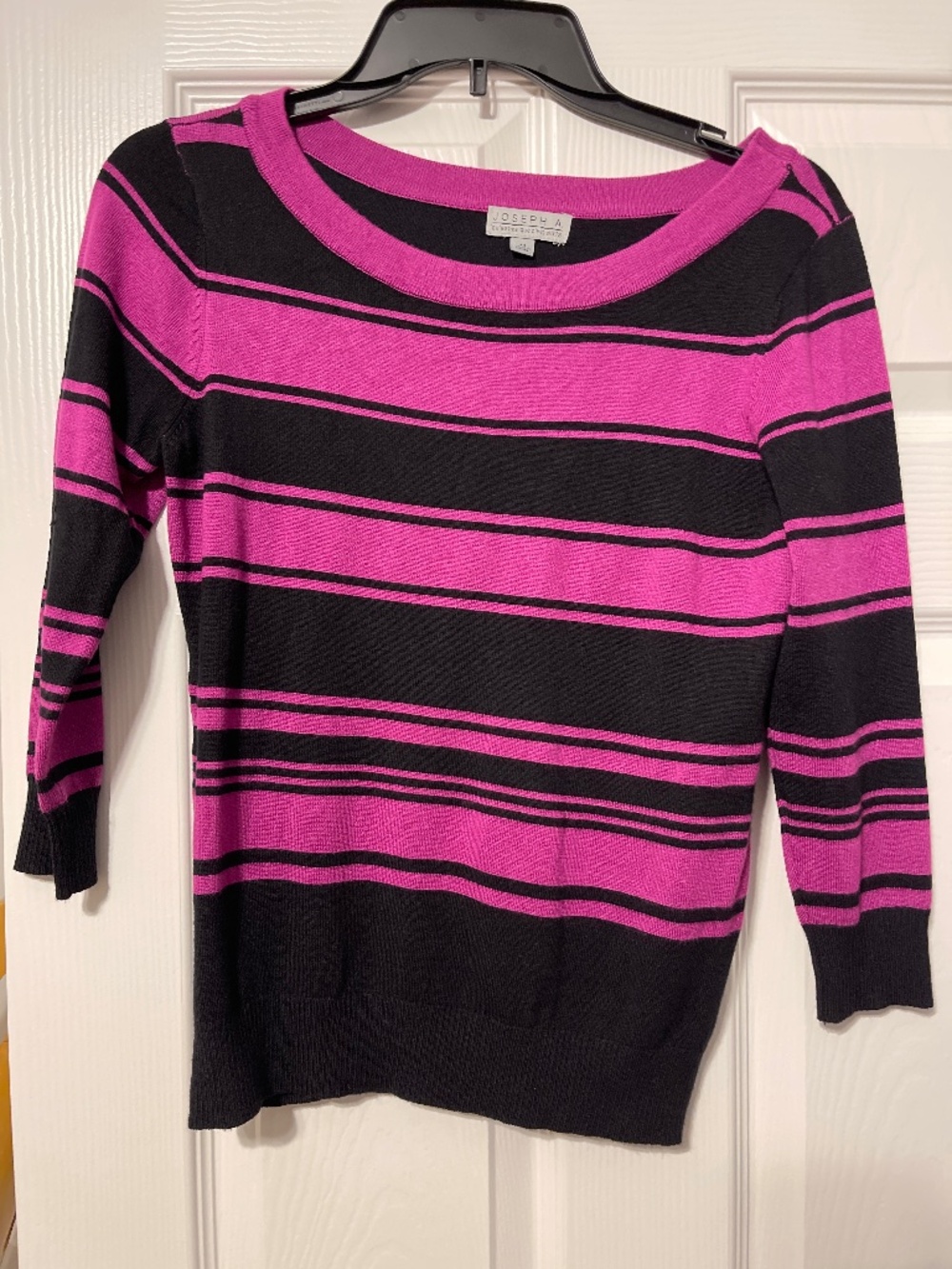 NWOT purple/black striped 3/4 sleeve rayon/nylon sweater S M